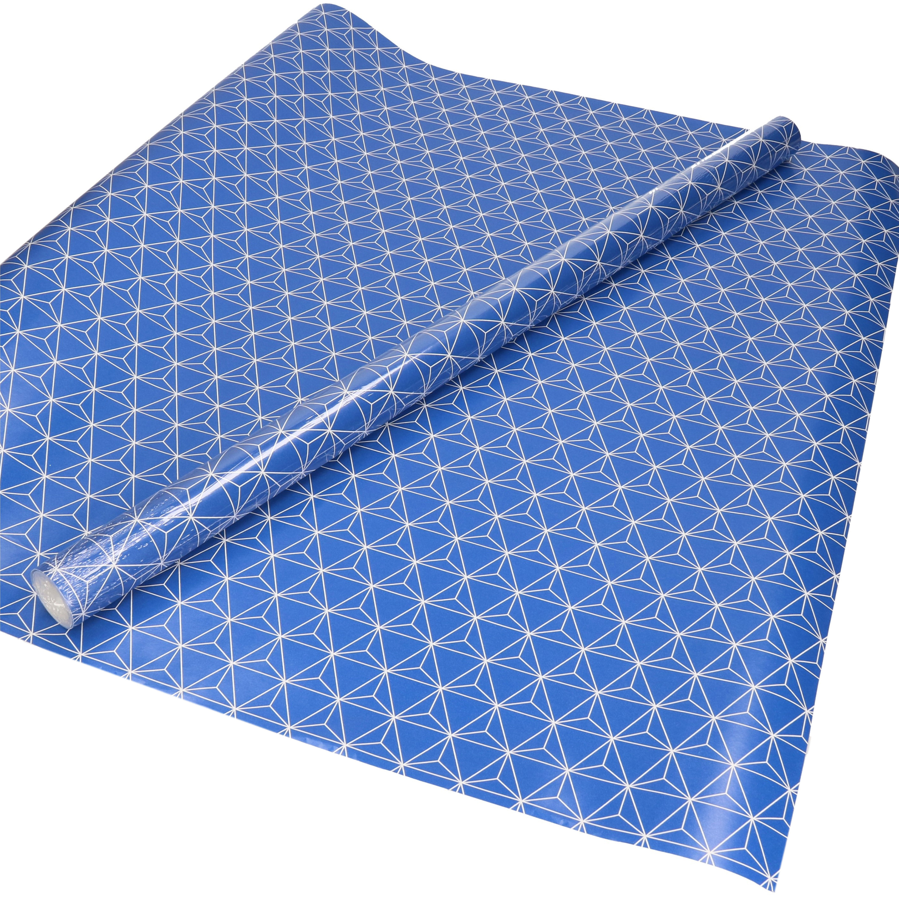 1x Inpakpapier/cadeaupapier blauw met witte figuren - geometrisch motief 200 x 70 cm rol