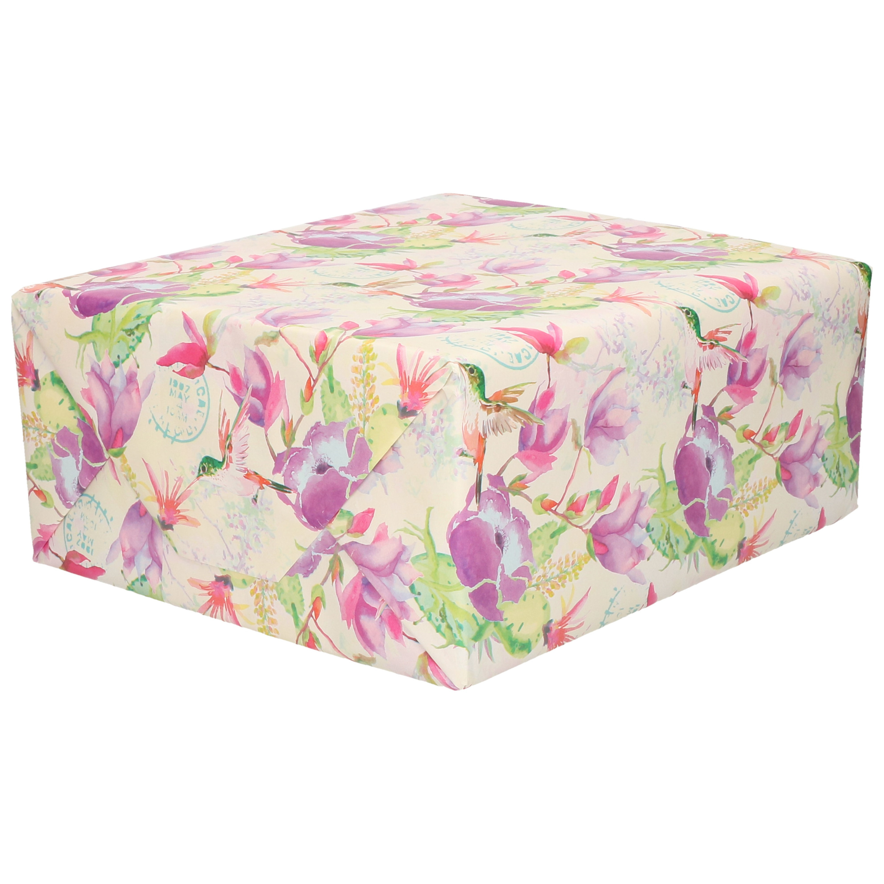 1x Inpakpapier/cadeaupapier creme met paarse bloemen en vogels motief 200 x 70 cm rol