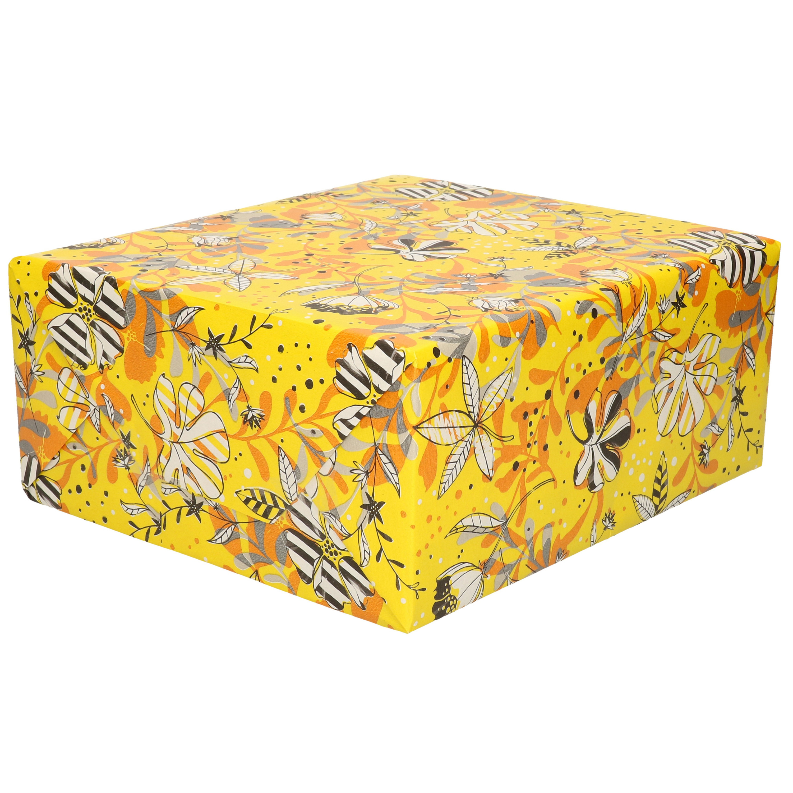 1x Inpakpapier/cadeaupapier geel met bloemen motief 200 x 70 cm rol
