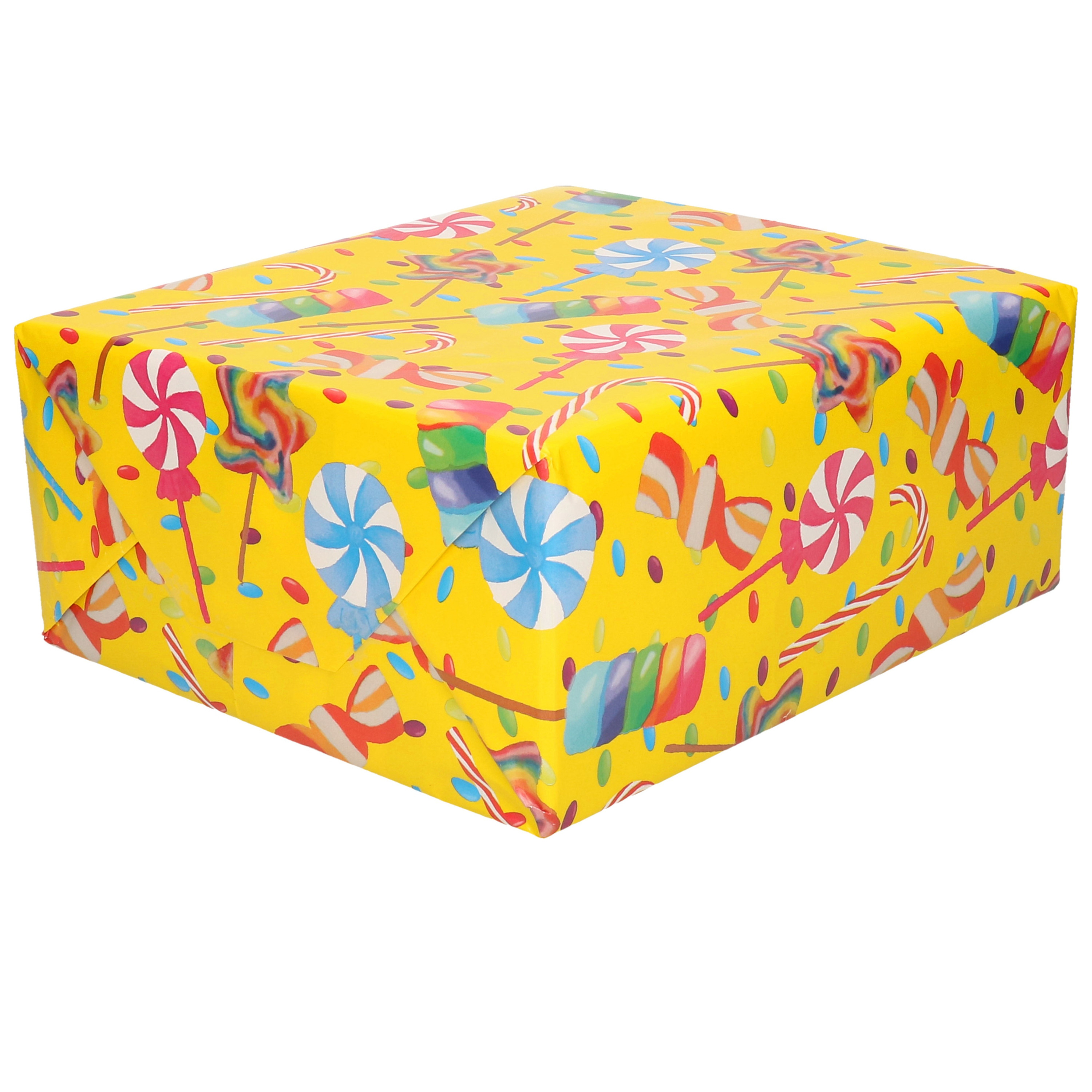 1x Inpakpapier/cadeaupapier geel met gekleurde lollies 200 x 70 cm op rol