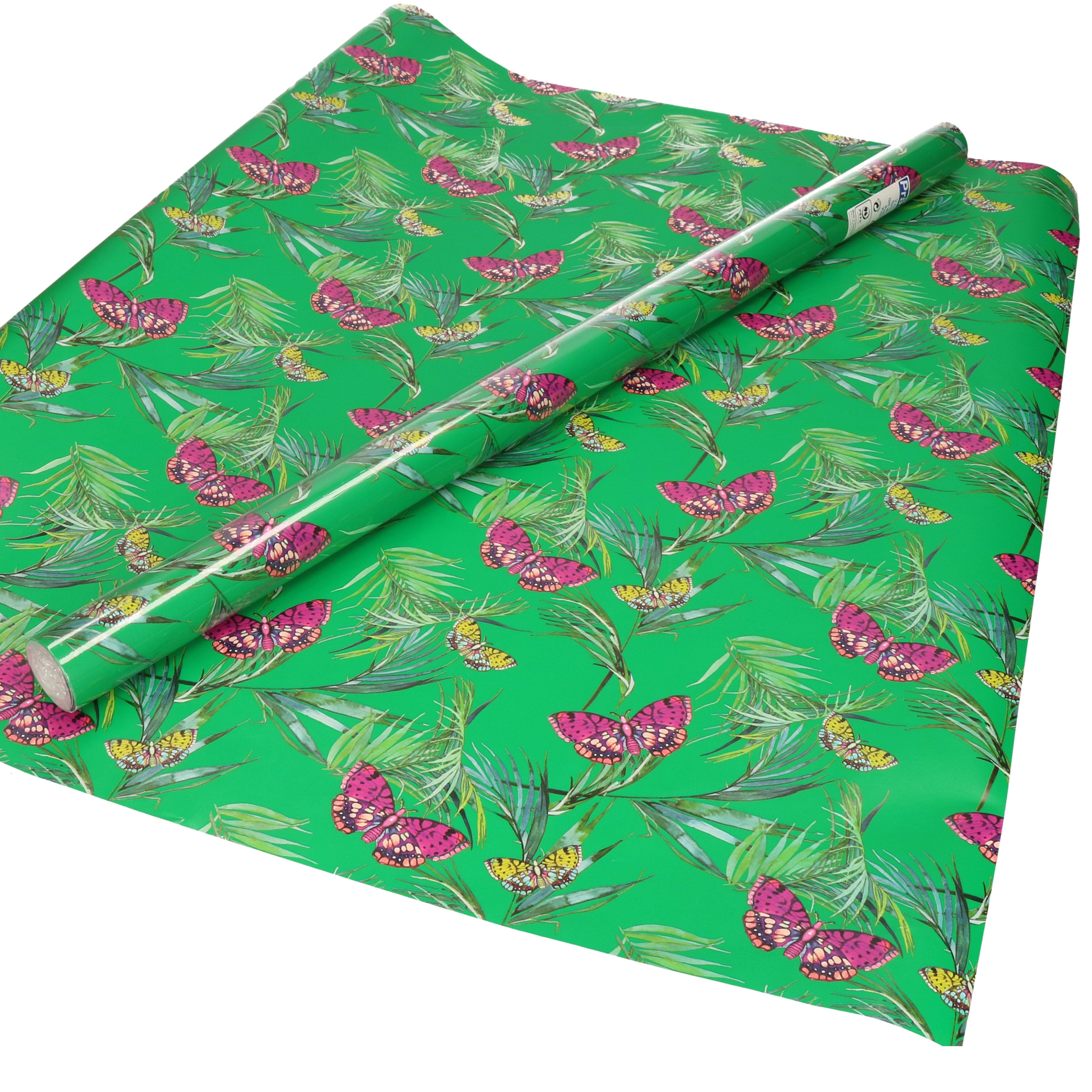 1x Inpakpapier/cadeaupapier groen met paarse vlinders motief 200 x 70 cm rol