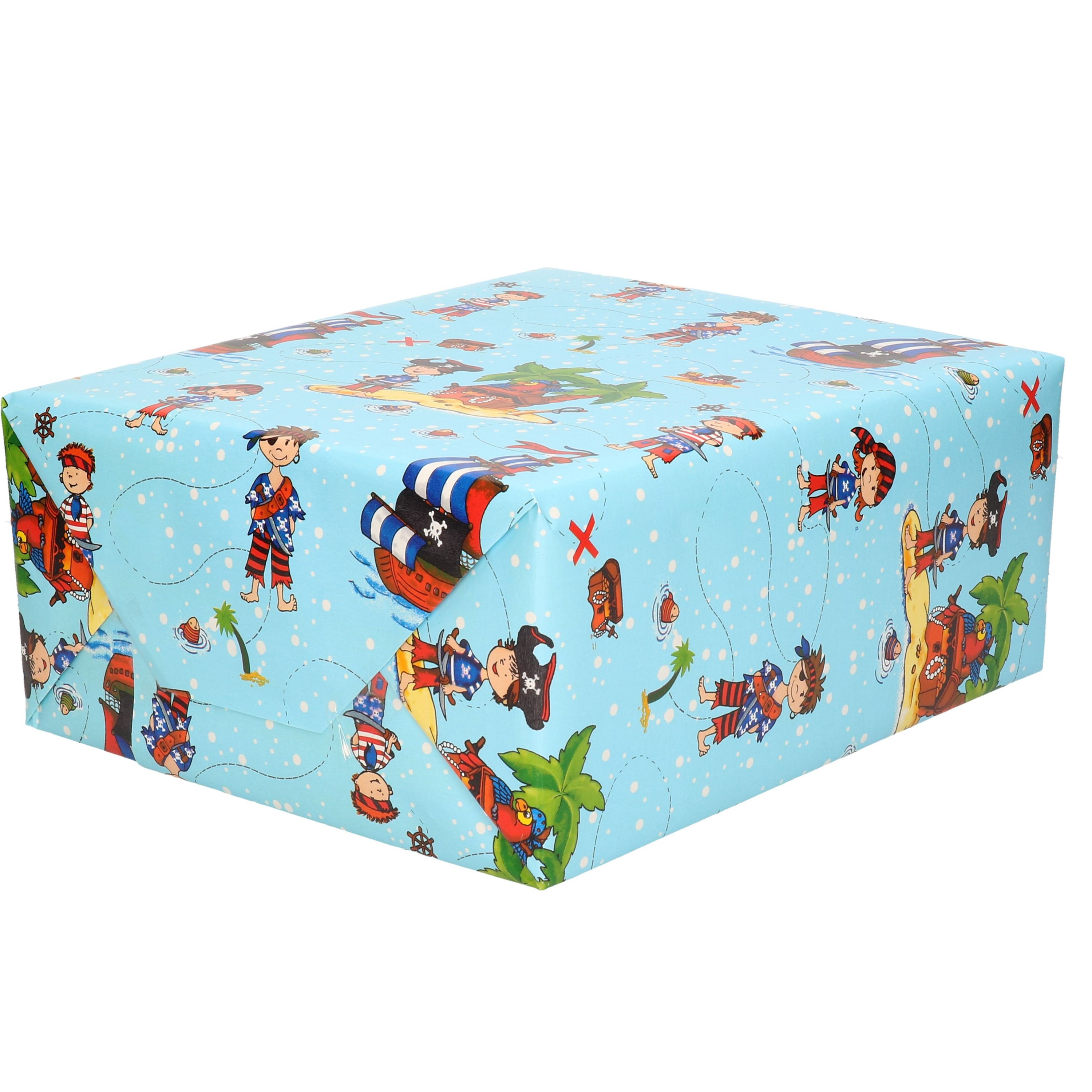 1x Inpakpapier kinder verjaardag blauw met piraten thema 200 x 70 cm