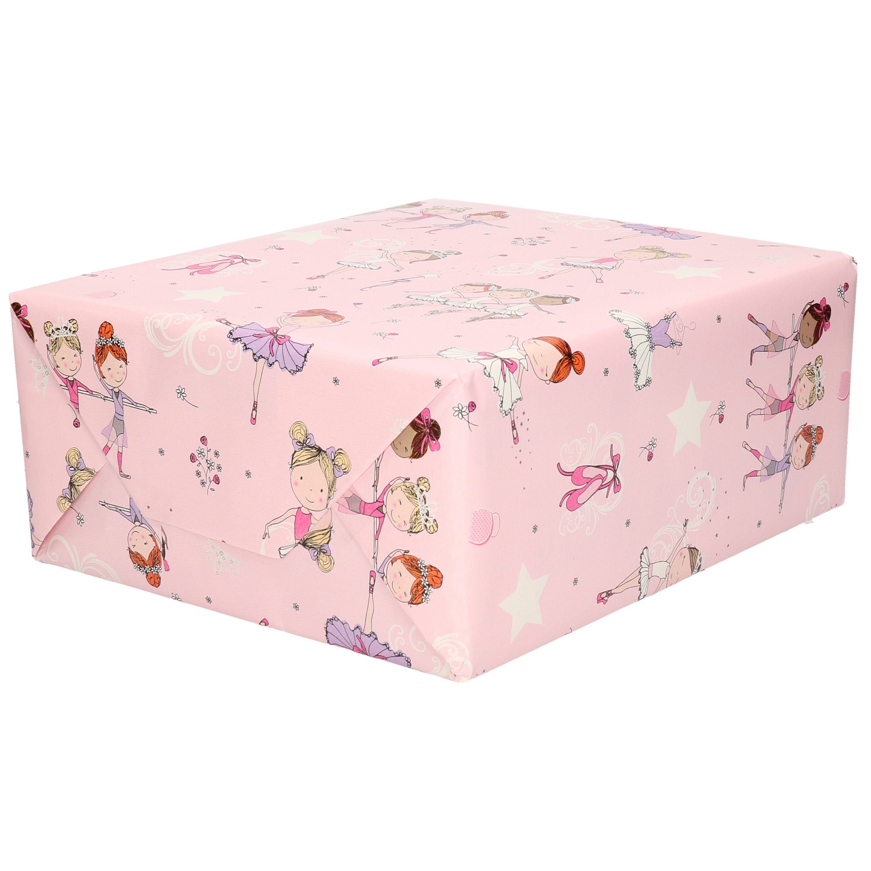 1x Inpakpapier kinder verjaardag roze met ballet danseresjes 200 x 70 cm