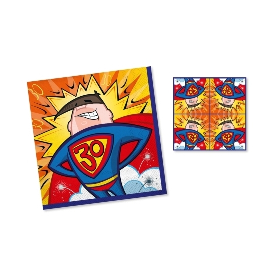20x stuks servetten 30 jaar superman geel/blauw/rood 33 x 33 cm