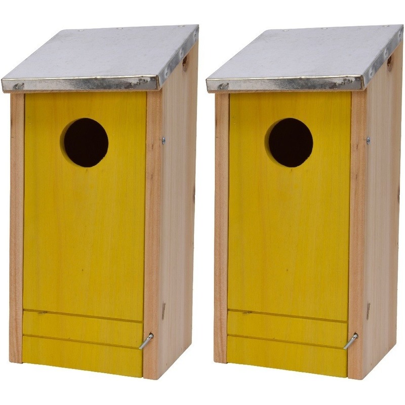2x Houten vogelhuisjes/nestkastjes gele voorzijde 26 cm