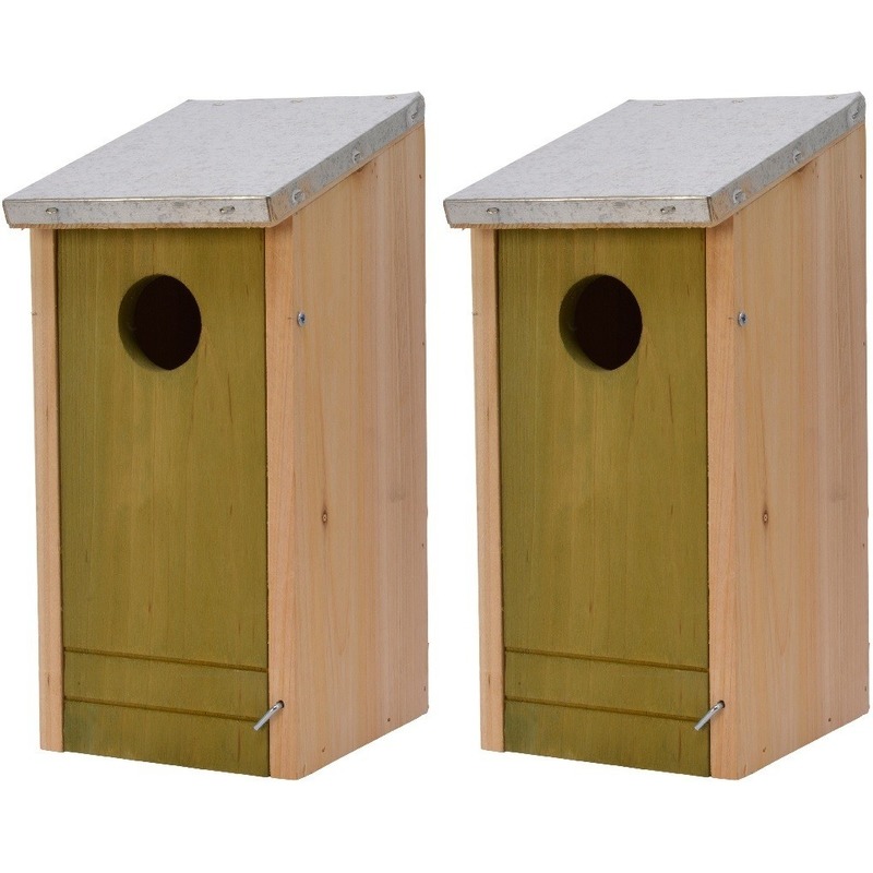 2x Houten vogelhuisjes/nestkastjes lichtgroene voorzijde 26 cm