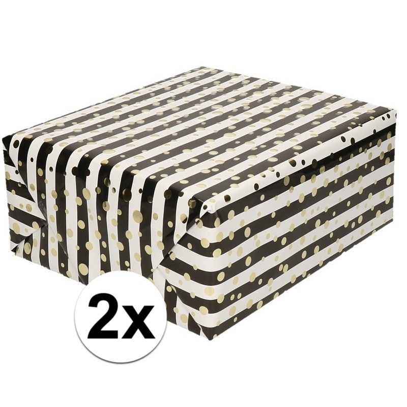 2x Inpakpapier/cadeaupapier metallic goud/zwart/wit 150 x 70 cm