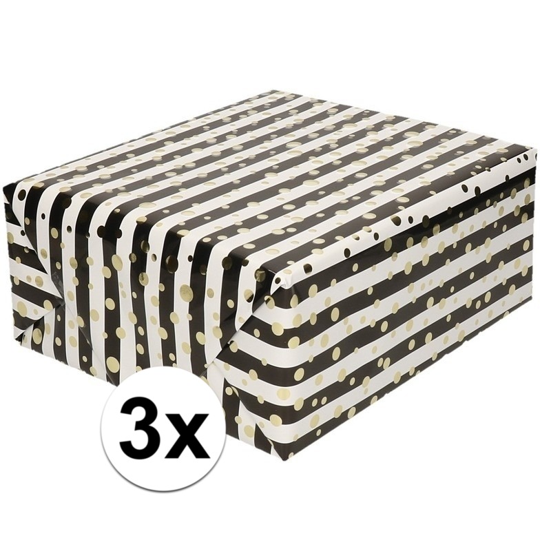 3x Inpakpapier/cadeaupapier metallic goud/zwart/wit 150 x 70 cm