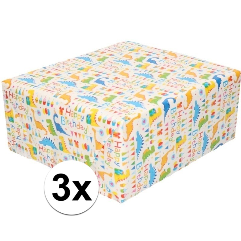 3x Inpakpapier/cadeaupapier wit met Happy Birthday 200 x 70 cm
