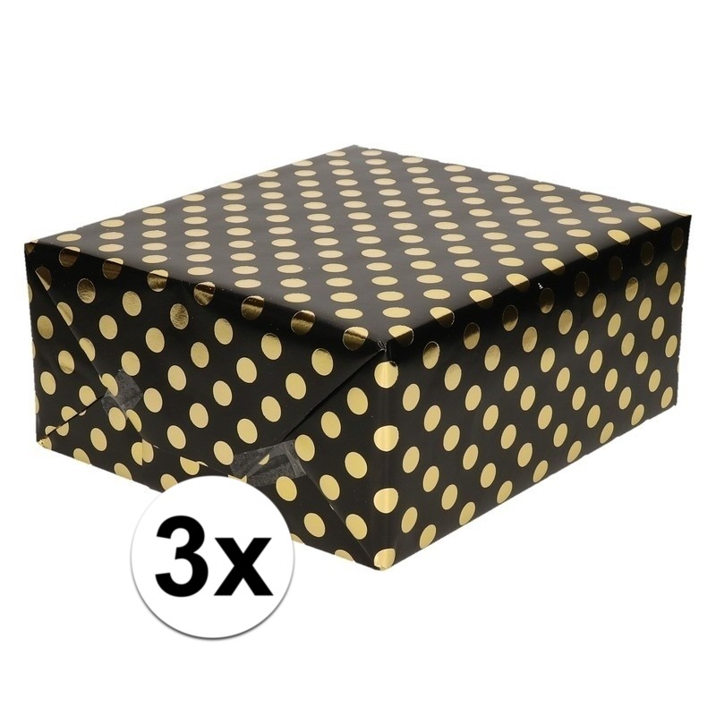 3x Zwart folie inpakpapier/cadeaupapier gouden stip 200 x 70 cm
