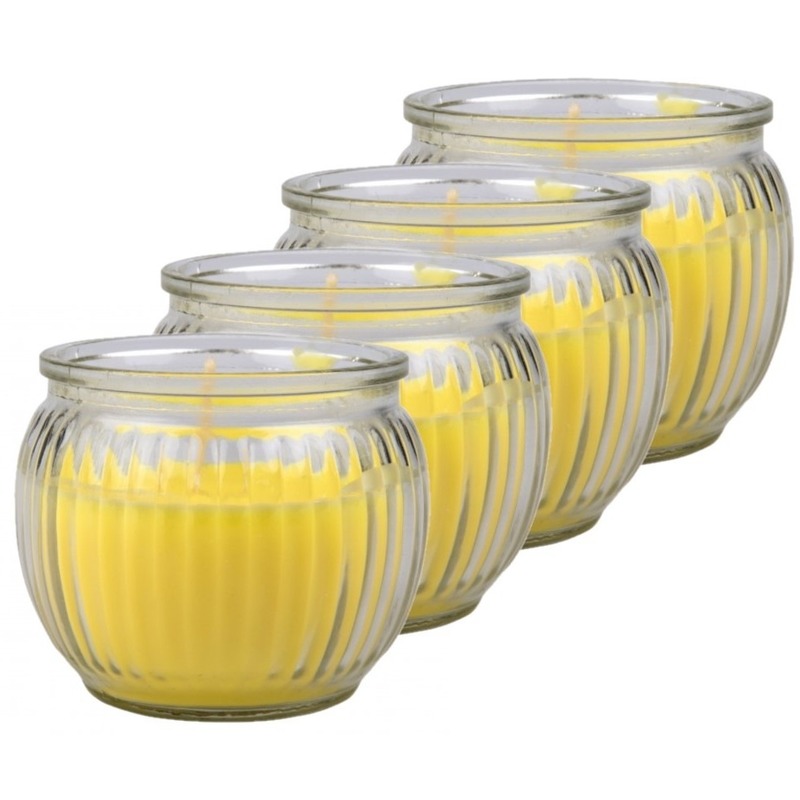 4x Gele citronella geurkaarsen in glazen houder 7 x 6 cm