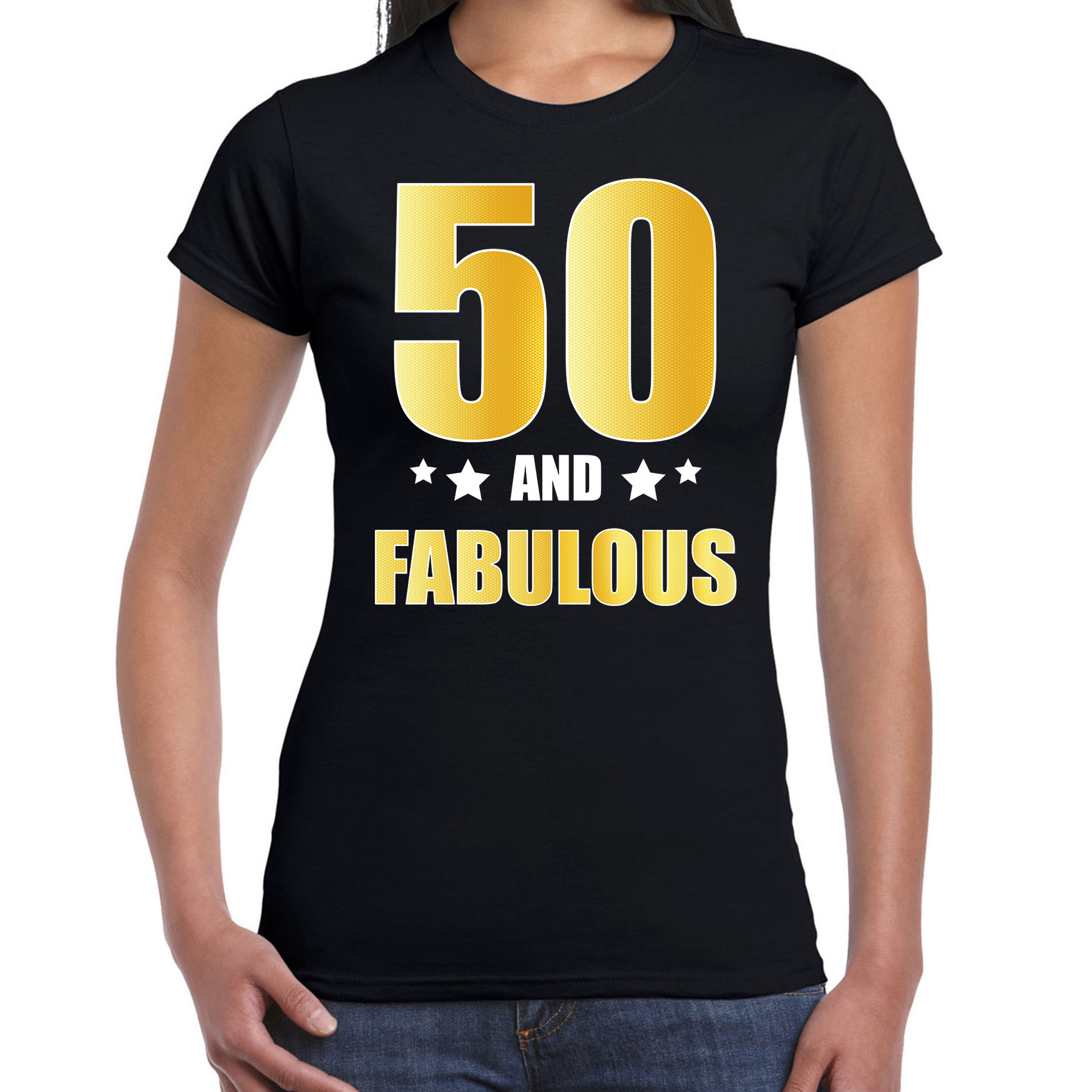 50 and fabulous verjaardag cadeau t-shirt / shirt goud 50 jaar zwart voor dames
