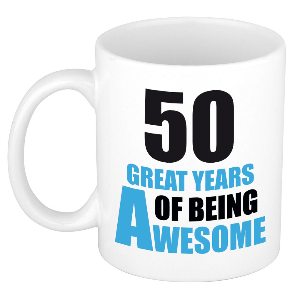 50 great years of being awesome cadeau mok / beker wit en blauw - Abraham