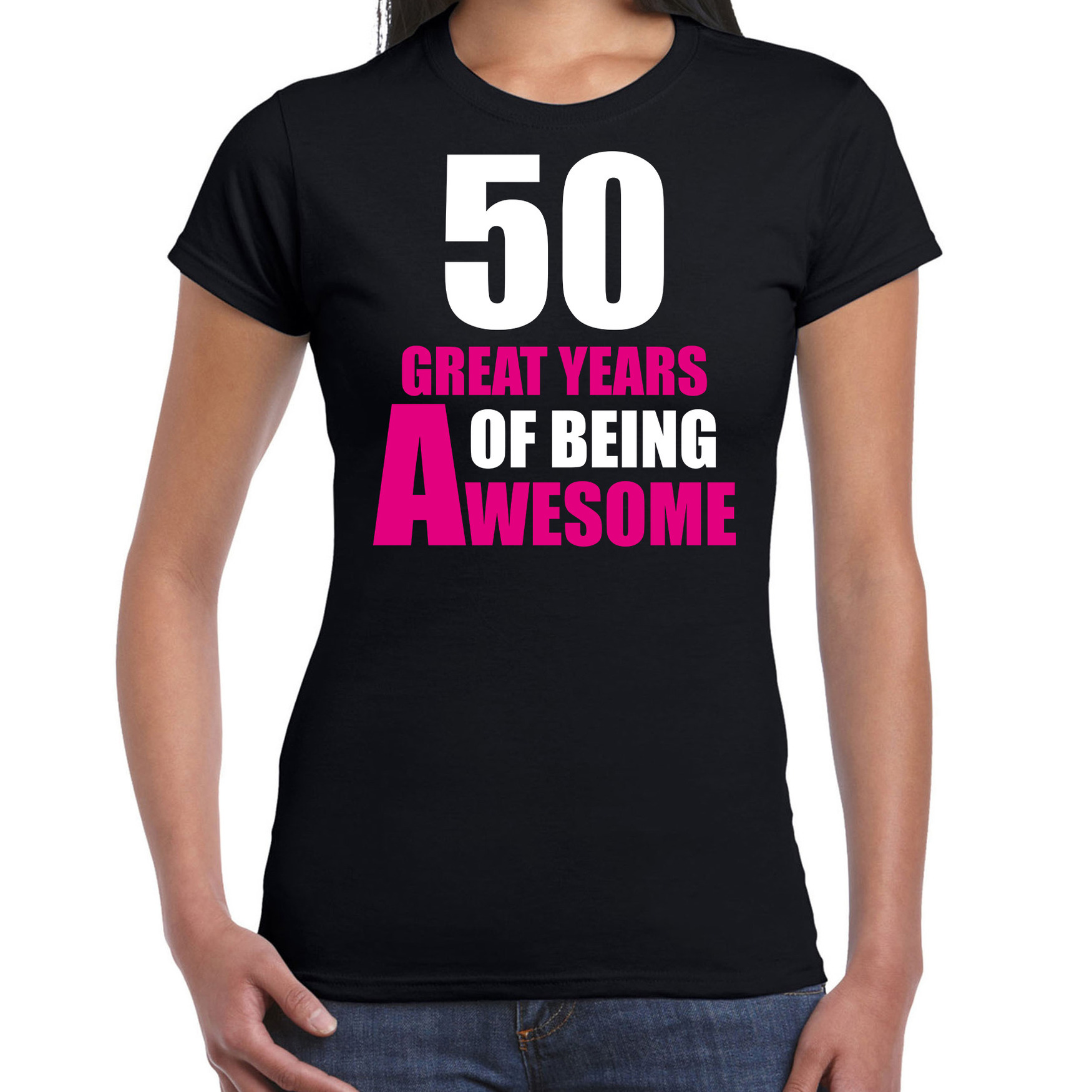 50 great years of being awesome Sarah verjaardag cadeau t-shirt zwart voor dames