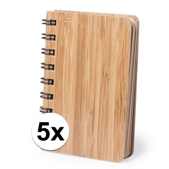 5x Notitieboekjes/schriftjes met bamboe kaft 9 x 12 cm