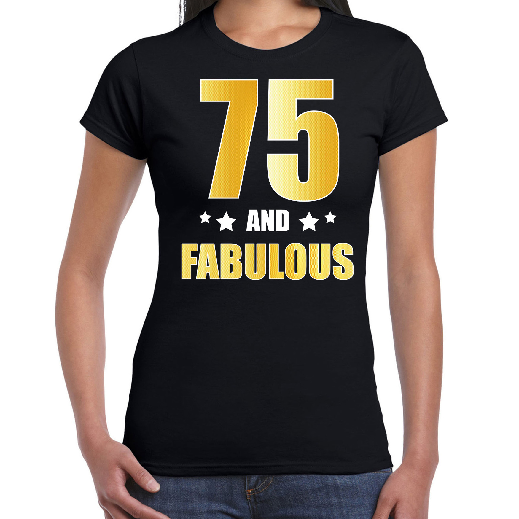 75 and fabulous verjaardag cadeau t-shirt / shirt goud 75 jaar zwart voor dames