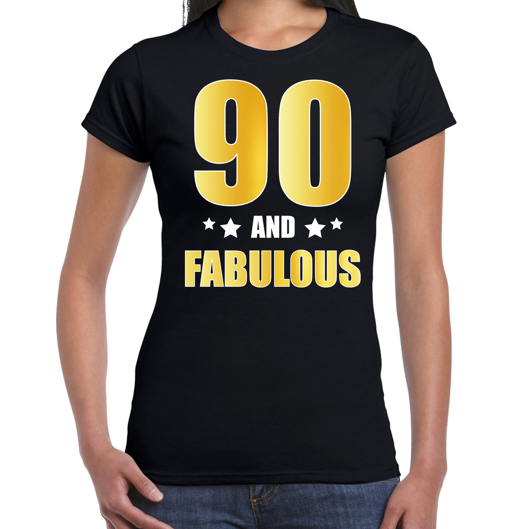 90 and fabulous verjaardag cadeau t-shirt / shirt goud 90 jaar zwart voor dames