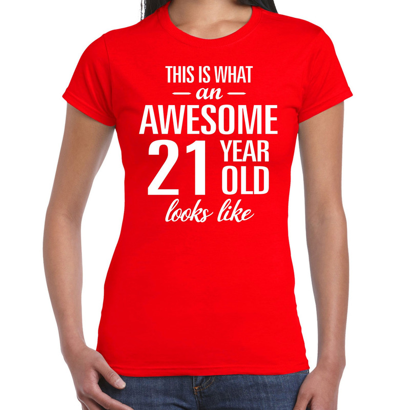 Awesome 21 year / 21 jaar cadeau t-shirt rood dames