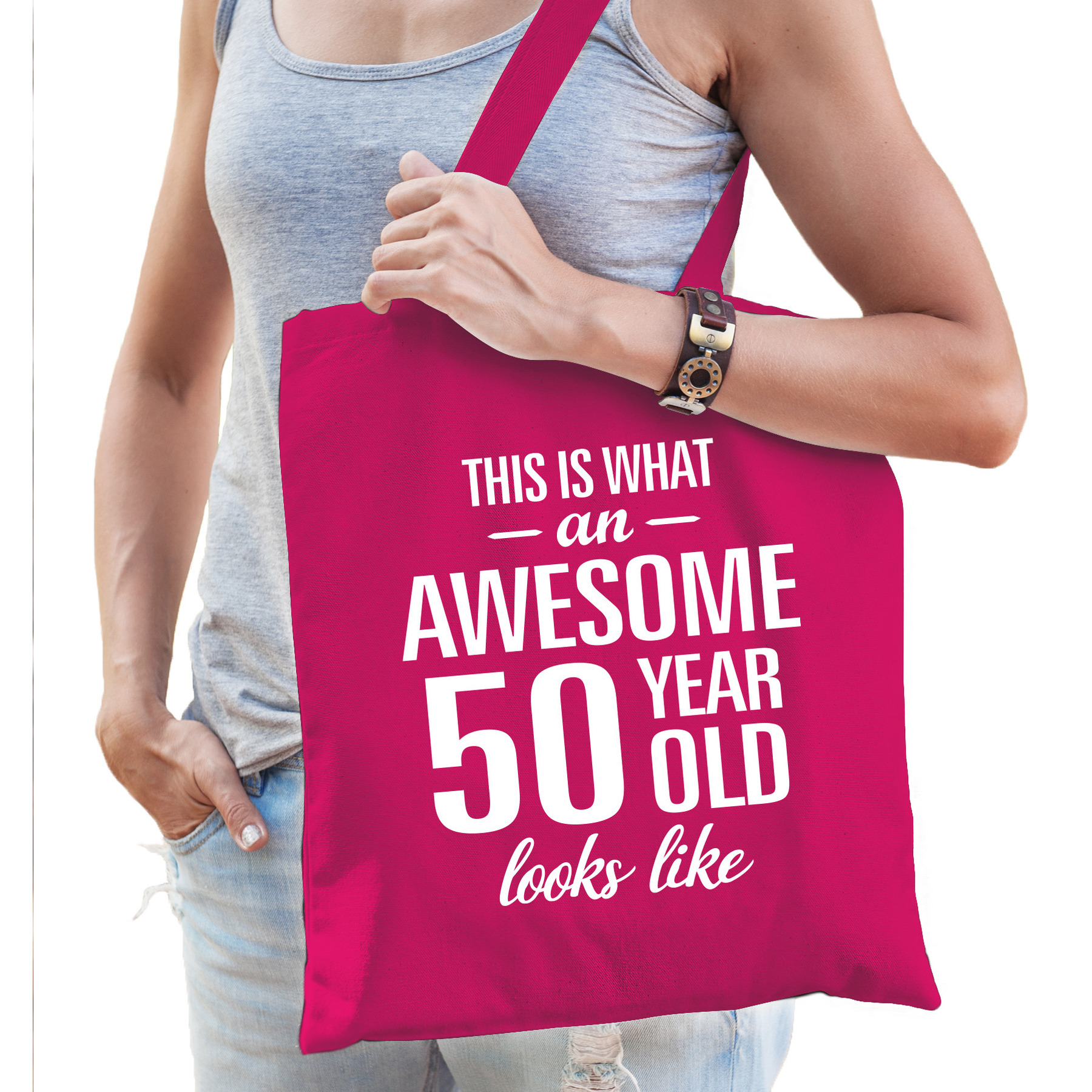 Awesome 50 year / geweldig 50 jaar cadeau tas roze voor dames