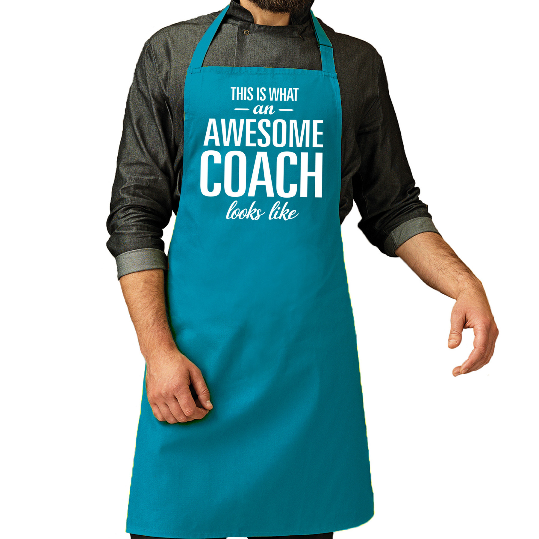 Awesome coach cadeau bbq/keuken schort turquoise blauw heren