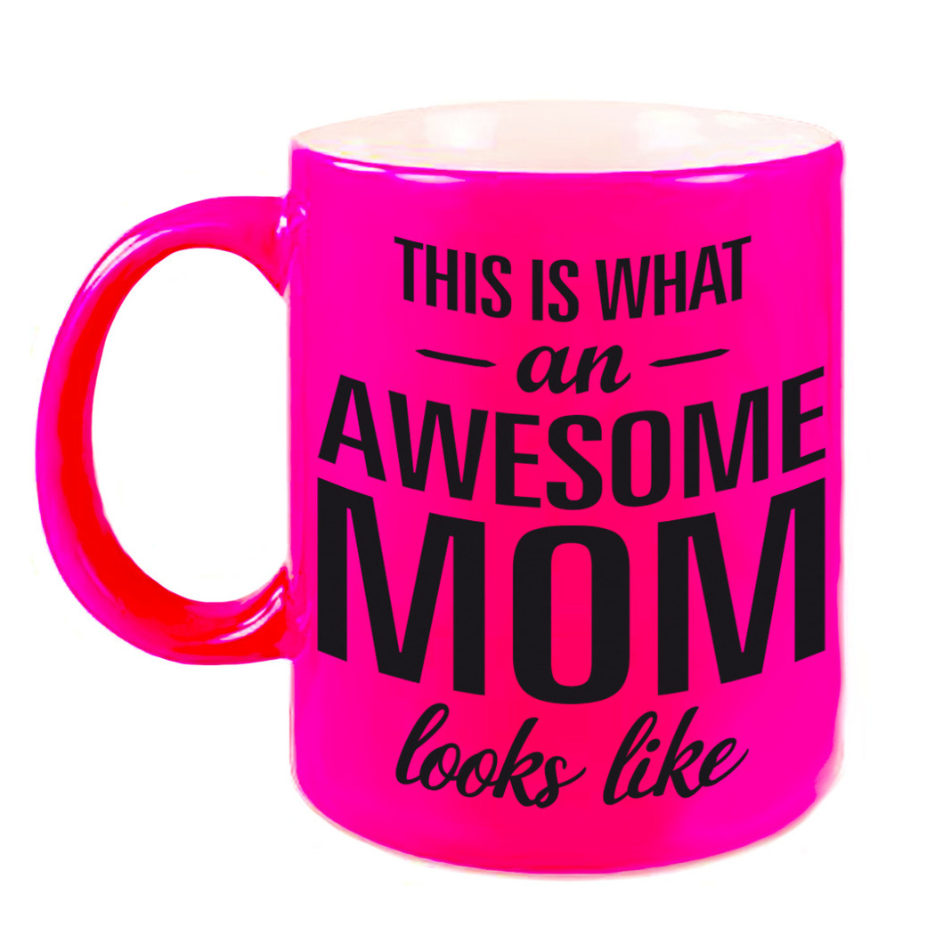 Awesome mom cadeau mok / beker neon roze voor Moederdag 330 ml