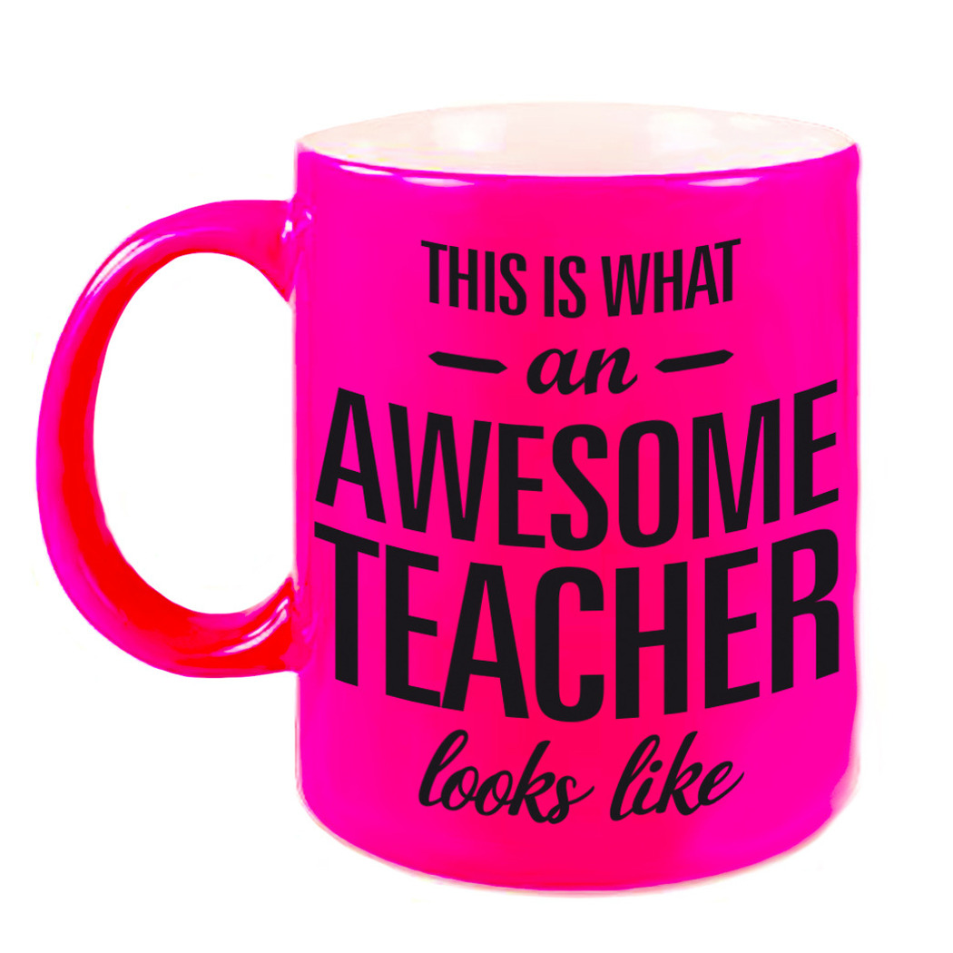Awesome teacher cadeau neon roze mok / beker voor juf / meester 330 ml