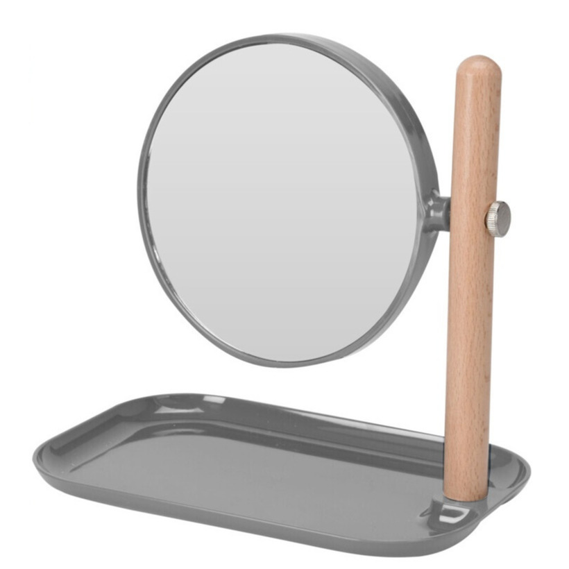 Badkamerspiegel / make-up spiegel rond dubbelzijdig donkergrijs met opbergbakje L22 x B14 x H23