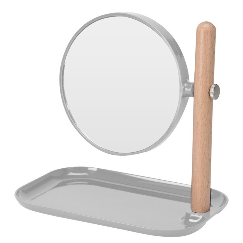 Badkamerspiegel / make-up spiegel rond dubbelzijdig lichtgrijs met opbergbakje L22 x B14 x H23