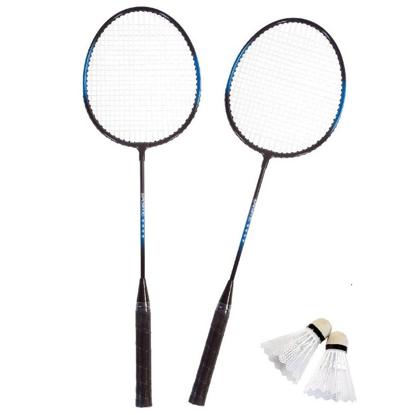 Badminton set blauw/zwart met 2 shuttles en opbergtas