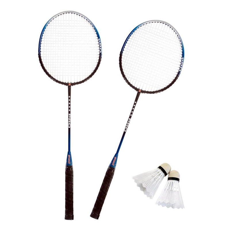 Badminton set zilver/blauw met 2 shuttles en opbergtas