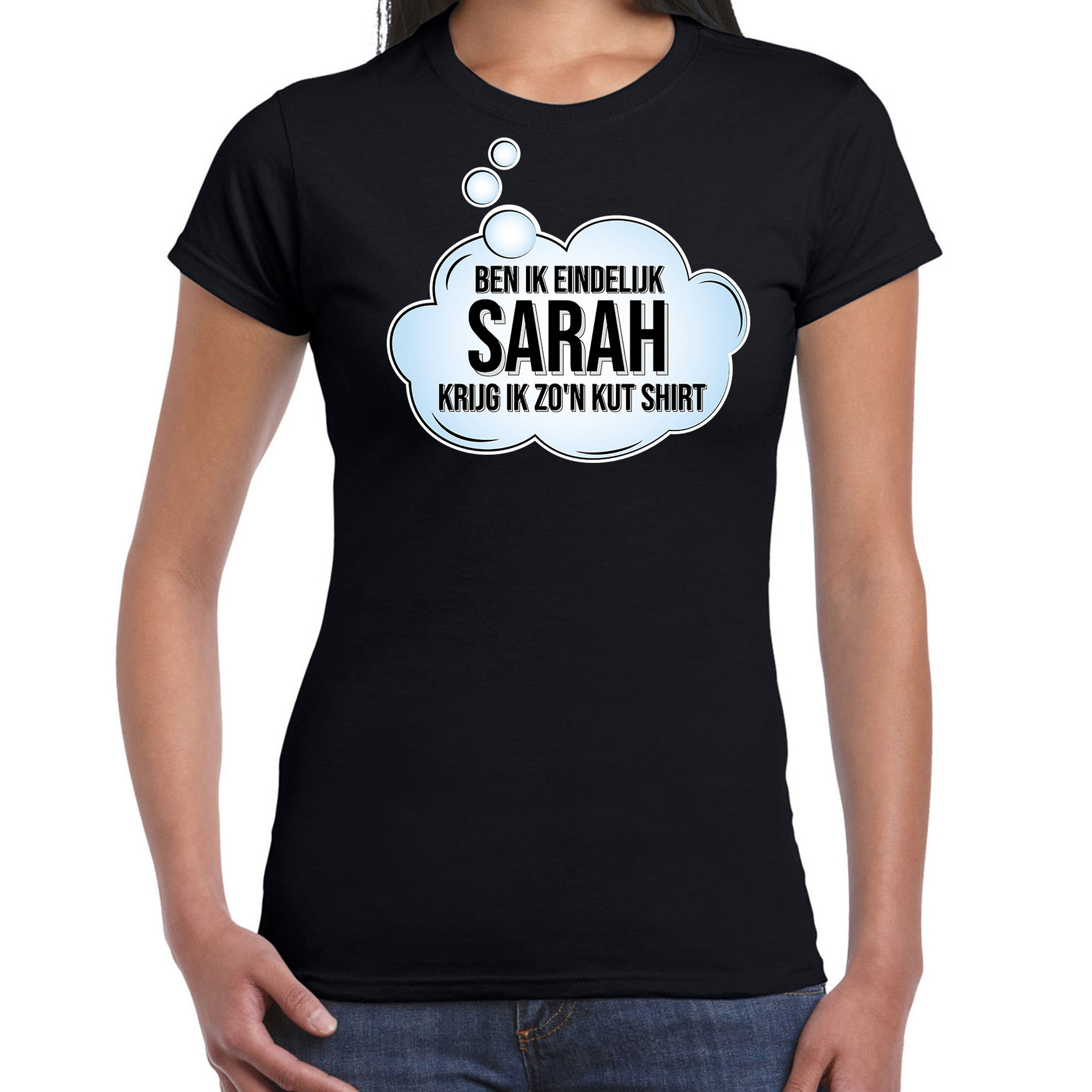 Ben ik eindelijk Sarah verjaardag cadeau t-shirt / shirt zwart voor dames