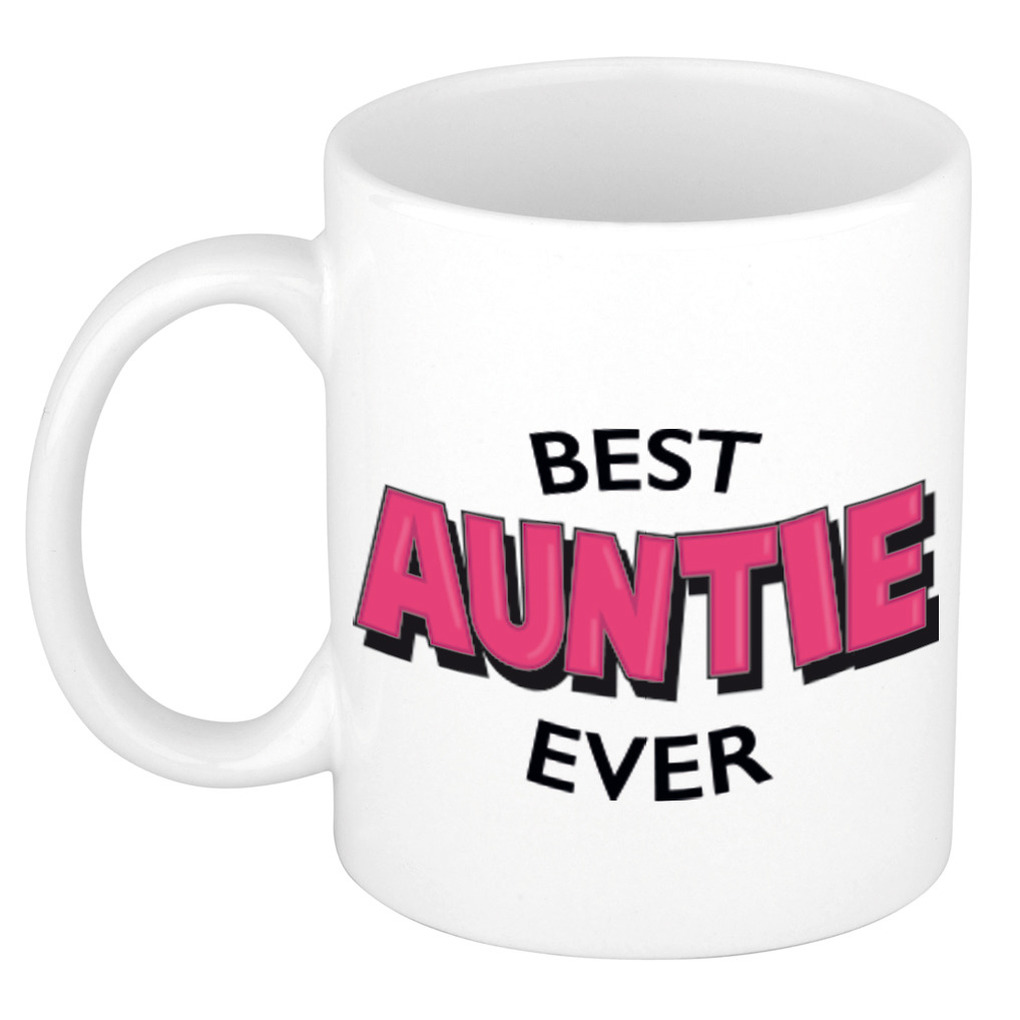 Best auntie ever cadeau mok / beker wit met roze cartoon letters 300 ml