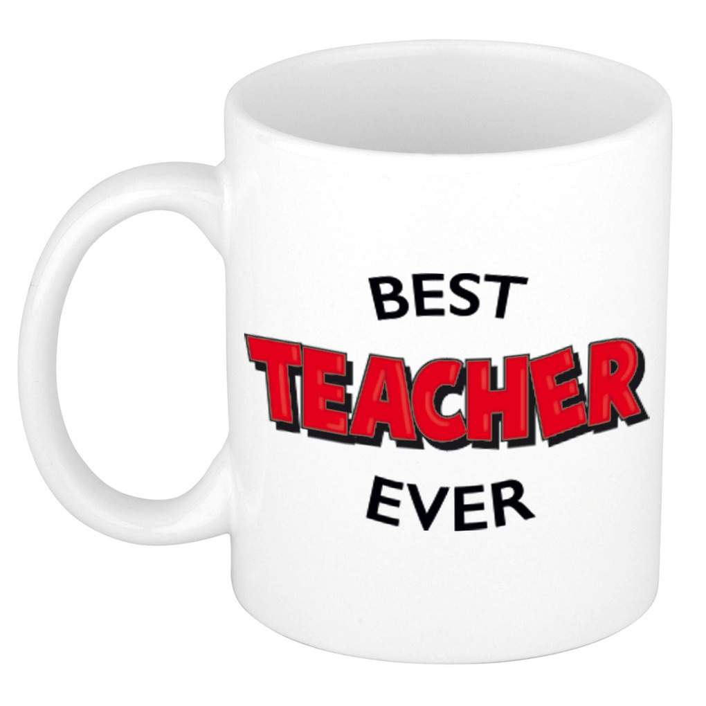 Best teacher ever cadeau mok / beker wit met rode cartoon letters voor meester / juf 300 ml