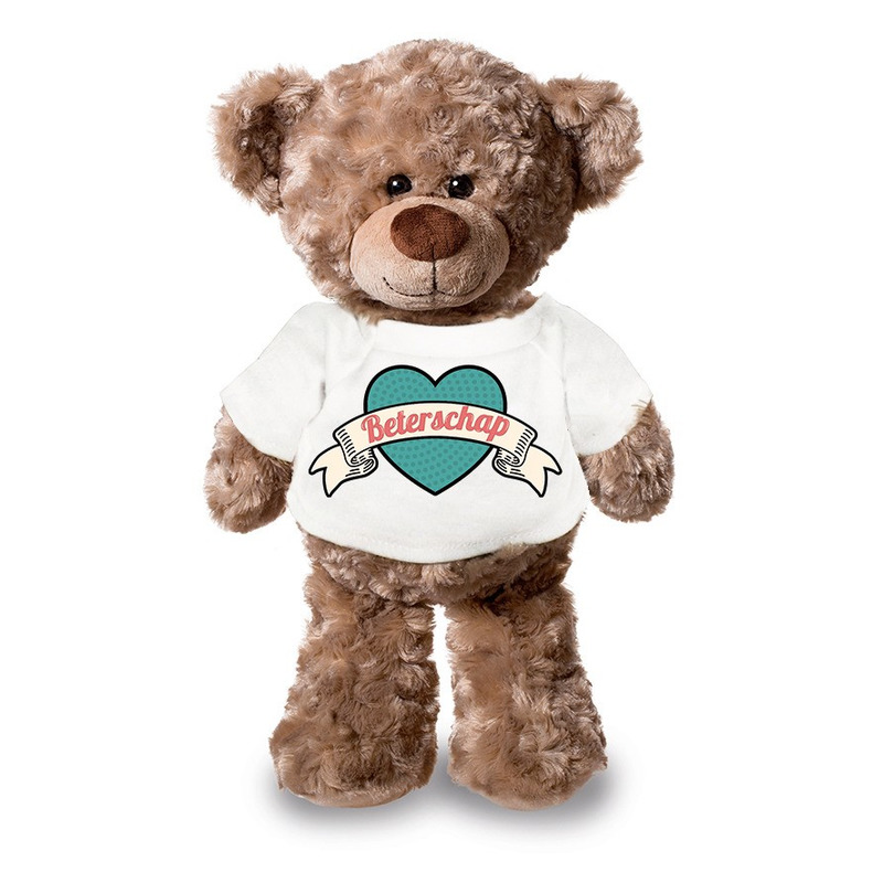 Beterschap pluche teddybeer knuffel 24 cm met wit retro t-shirt