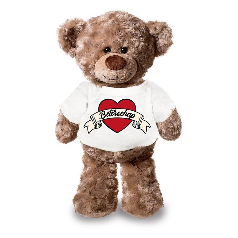 Beterschap pluche teddybeer knuffel 24 cm met wit t-shirt