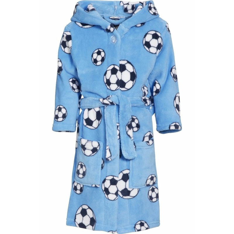 Blauwe badjas/ochtendjas met voetbal print voor kinderen.