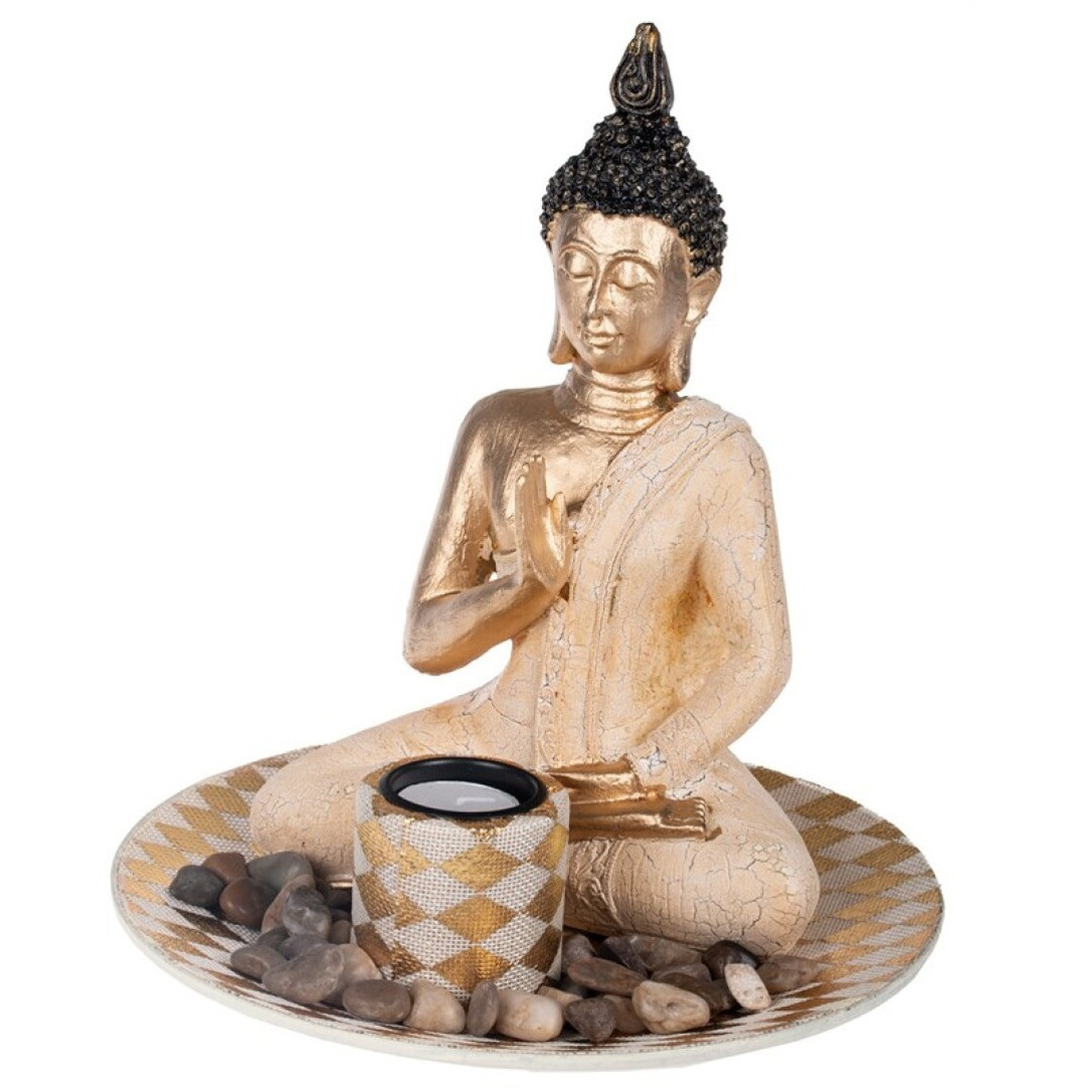 Boeddha beeld met waxinelichthouder voor binnen goud 25 cm