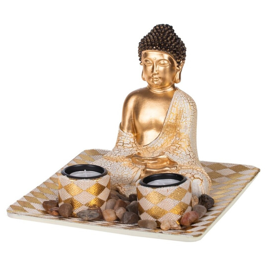 Boeddha beeld met waxinelichthouders voor binnen goud 21 cm
