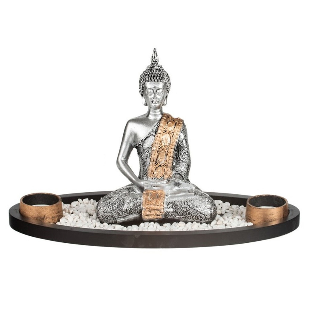 Boeddha beeld met waxinelichthouders voor binnen zilver 33 cm