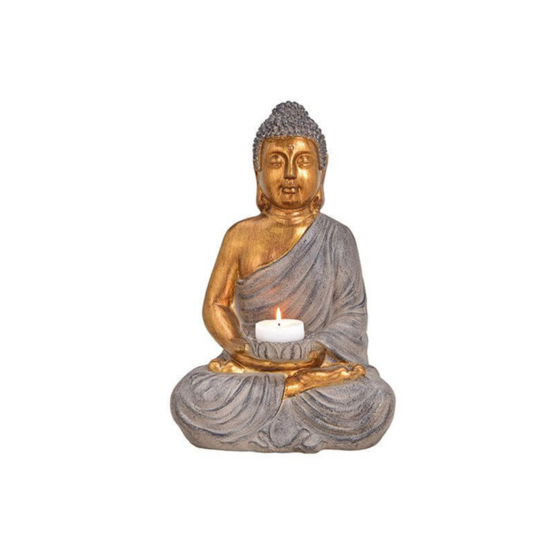 Boeddha beeld theelichthouders/windlichten bruin/goud 41 cm