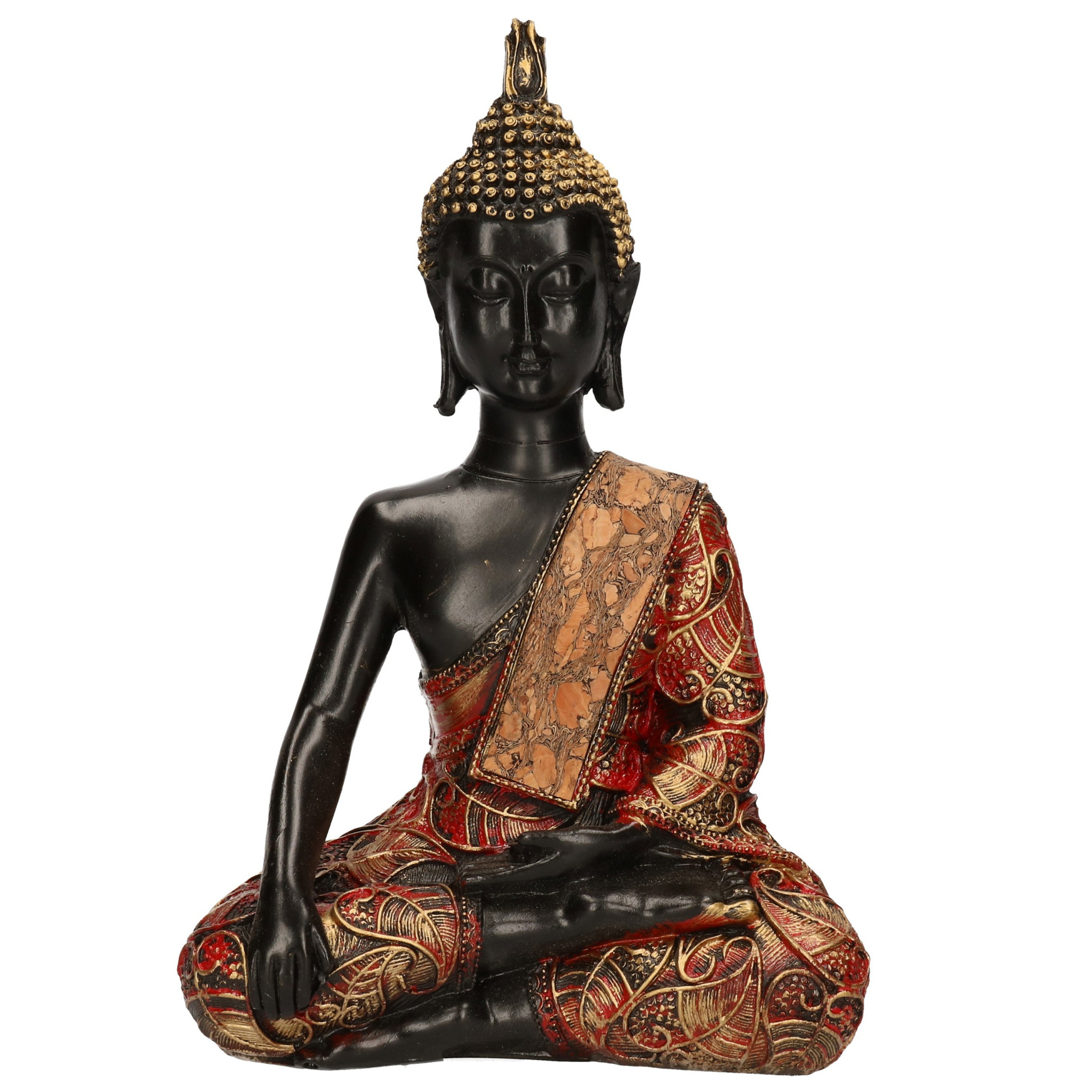 Boeddha beeld zwart/goud/rood zittend 21 cm type 2