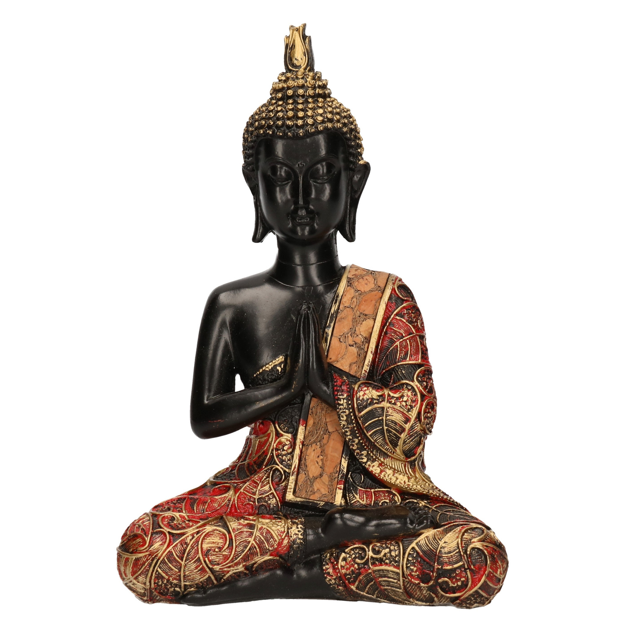 Boeddha beeld zwart/groud/rood zittend 21 cm type 1