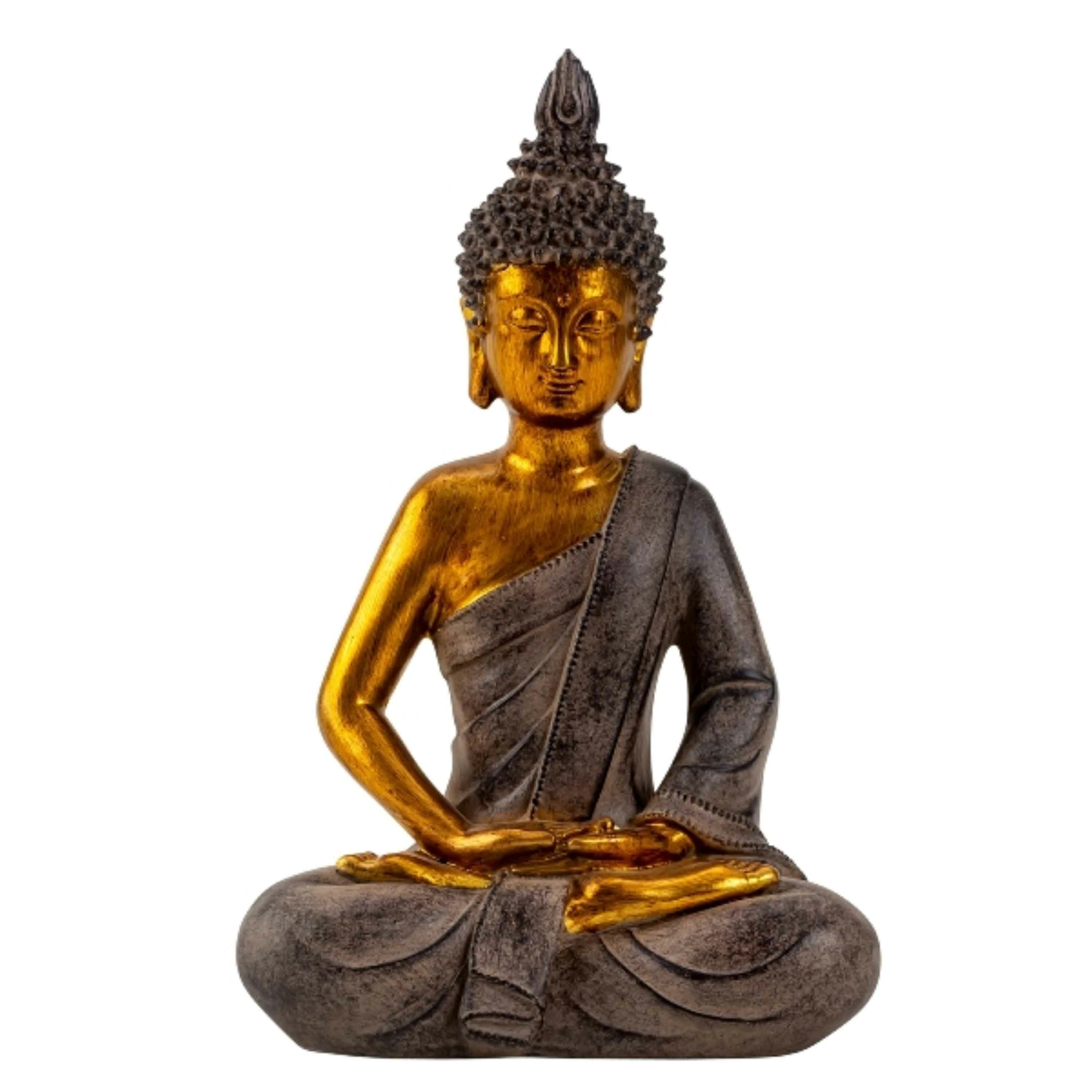 Boeddha beeldje zittend binnen-buiten kunststeen betongrijs-goud 26 x 17 cm