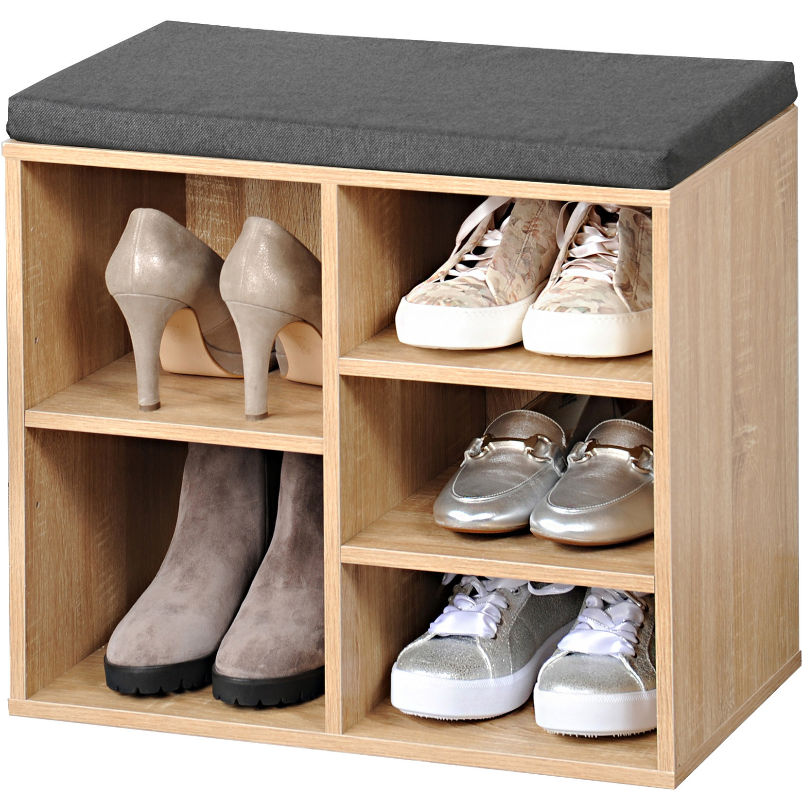Bruine houtlook schoenenkast/schoenenrek bankje 29 x 48 x 51 cm met zitkussen