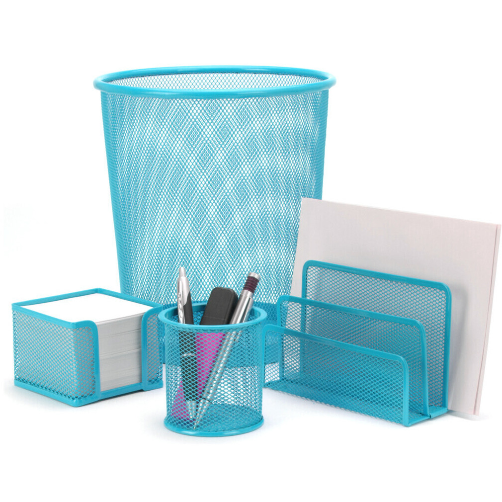 Bureauset blauw van metaal met prullenbak en pennenbakje
