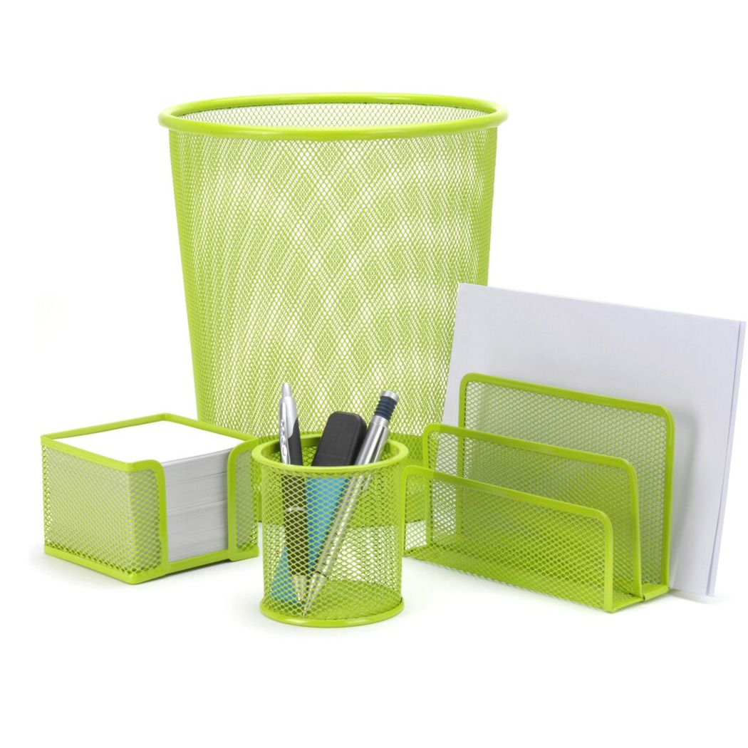 Bureauset groen van metaal met prullenbak en pennenbakje