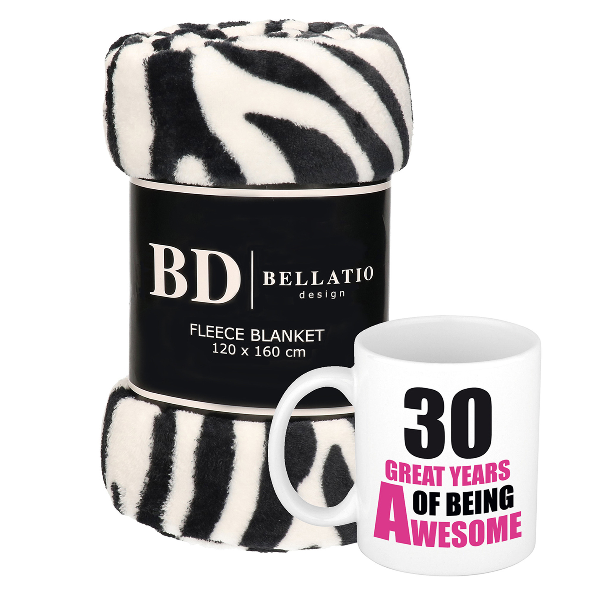 Cadeau verjaardag 30 jaar vrouw set - Fleece plaid/deken zebra print met 30 great years awesome mok