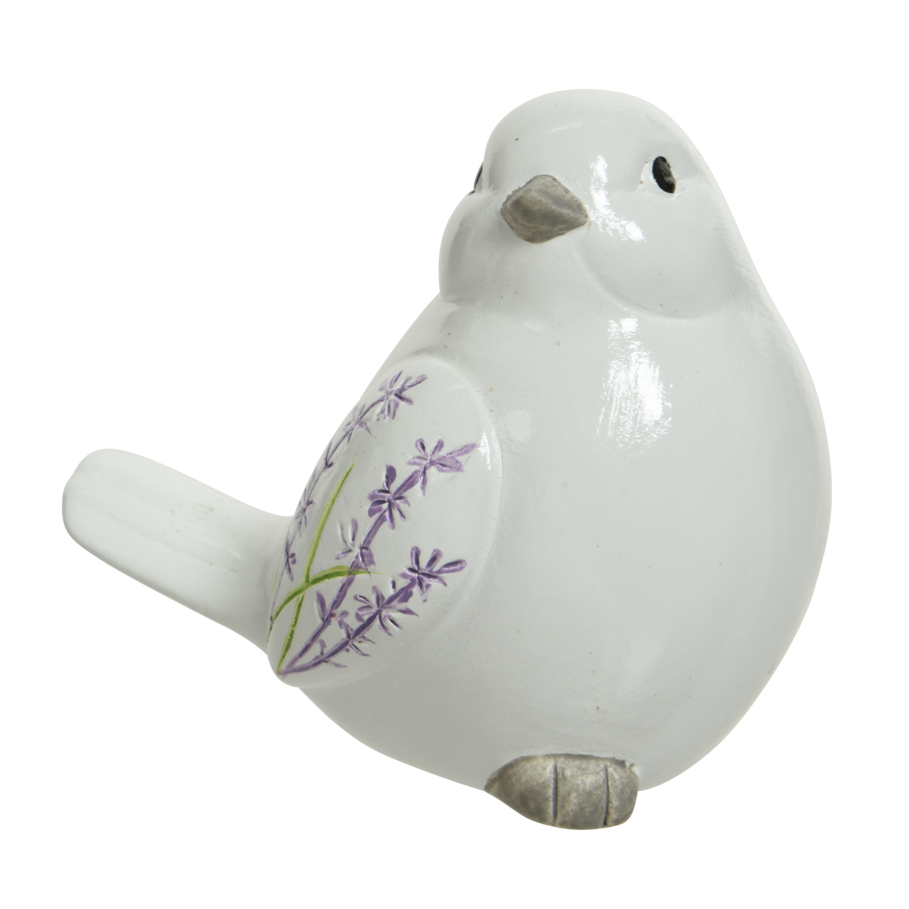 Decoratie dieren beeld vogel wit met lavendel bloemen met staart omlaag 9 cm