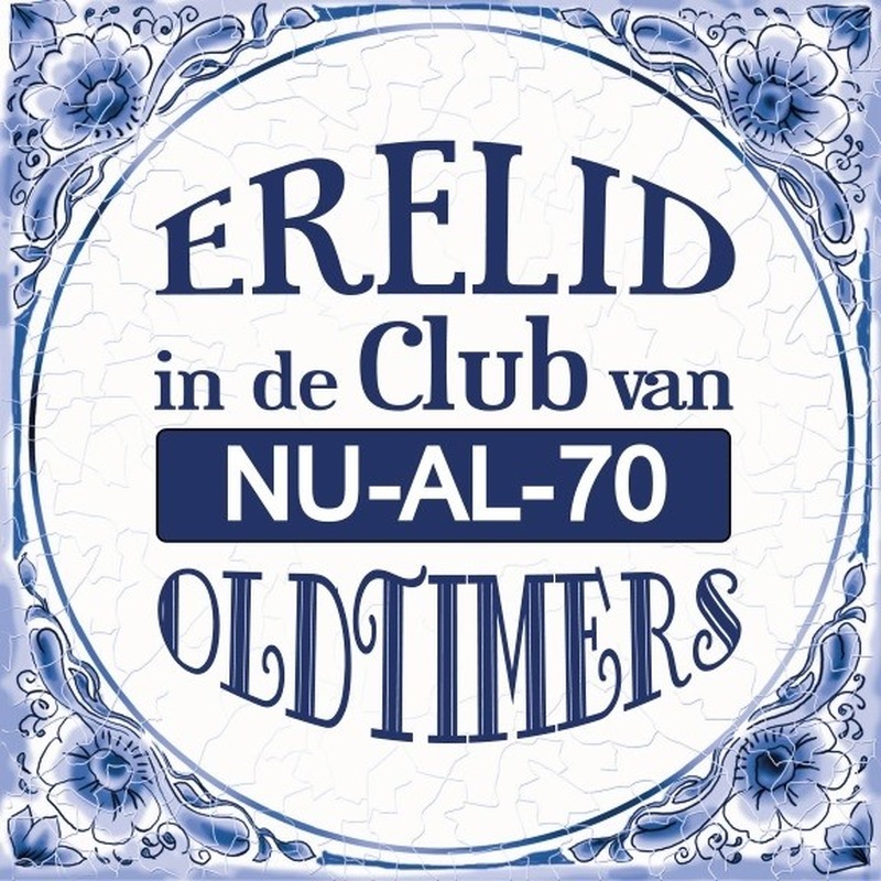 Delfts blauwe teksttegel 70 jaar oldtimers
