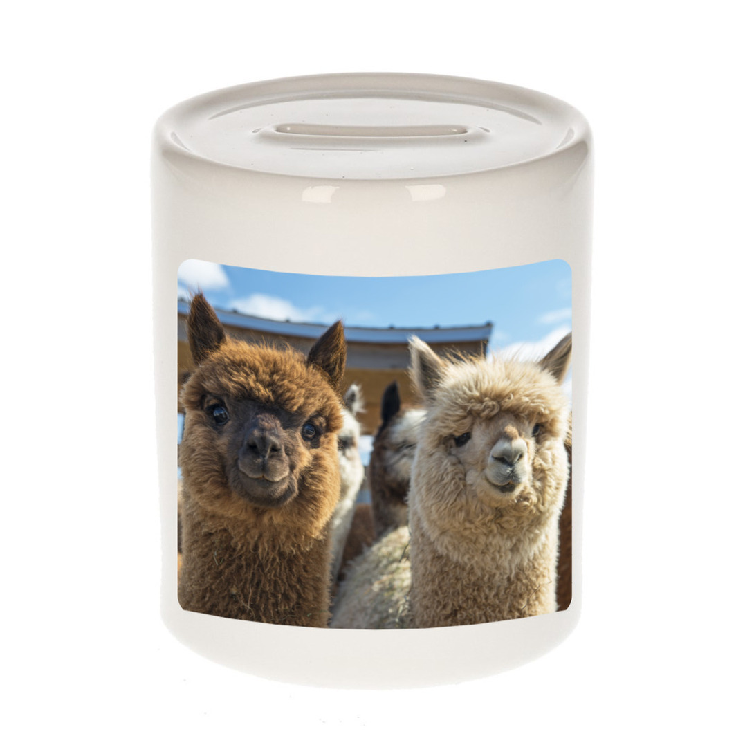 Dieren foto spaarpot alpaca 9 cm - alpacas spaarpotten jongens en meisjes